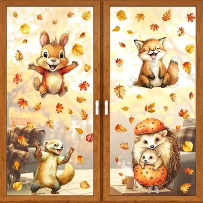 Produktbild von Herbst Fensterbilder - Selbstklebende Tiermotive - Dekoration für Fenster Tür und Glas - 4 Stück