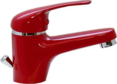 A red faucet on a white background.