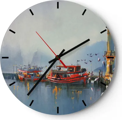 Produktbild von Wanduhr - Rund - Glasuhr - Hafen Laterne Boot - 30x30cm - Schleichendes Uhrwerk - Lautlos - zum Aufhängen bereit - Dekoration Modern - Wanddekoration aus Glas - C3AR30x30-3710