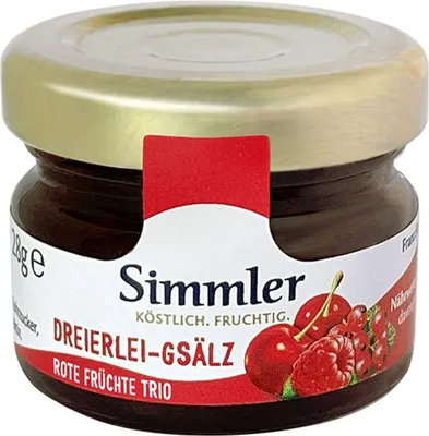 Produktbild von 60x SIMMLER Dreierlei Gsälz-Konfitüre (feine Marmelade , je Glas 28 g)
