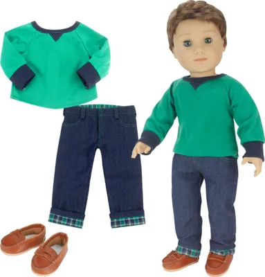 Obrázok produktu pre Sophia's 3 Pcs 18" Boy Doll Green Top & Jeans Outfit With Doll Loafer Shoes Set