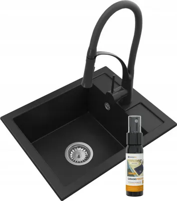 Zdjęcie produktu dla Granitan | Zlewozmywak granitowy BEST - 500x400 mm - Czarny mat - W zestawie bateria kuchenna NEXO i akcesoria