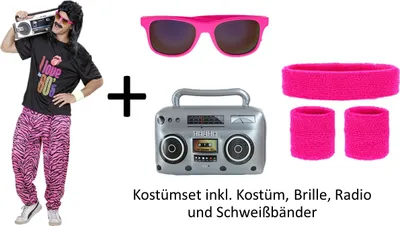 Produktbild von Kostümset 80er Jahre Fashion -  T-Shirt + Hose - Brille - Radio - Schweißbänder M/L - 50/52