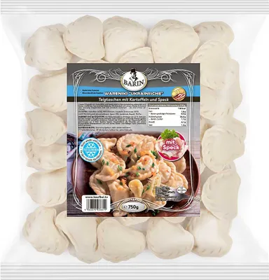 Produktbild von BARIN Wareniki mit Kartoffeln und Speck 750g Tiefgekühlte Nudelteigtaschen Fertiggericht mit Kartoffelpüree und geräuchertem Speck Hausmannskost