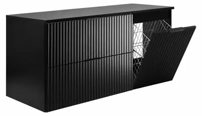Zdjęcie produktu dla Zestaw mebli łazienkowych z koszem na pranie i półką, czarne uchwyty, kolor czarny, szerokość 120 cm