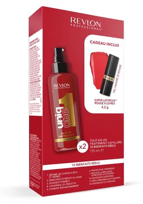 Produktbild von Revlon Uniq One Geschenkset – 2 × Hair Treatment 150 ml + Lippenstift Rot