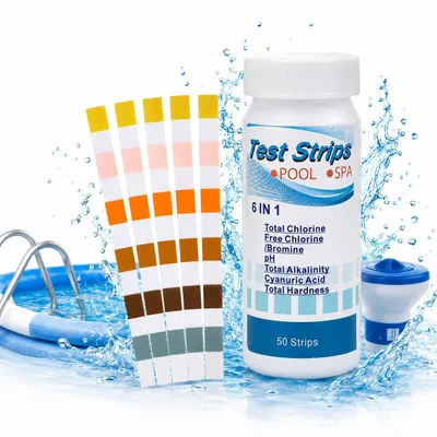 Produktbild von Pool Wassertester 6in1 Teststreifen für pH, Chlor, Brom, Alkalinität, Härte und Cyanursäure, 50 Stück für Pool, Spa und Whirlpool