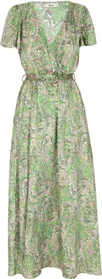 Produktbild von Damen Wickelkleid im Boho-Stil, grünes Kleid aus leichtem Webstoff, Größe XS