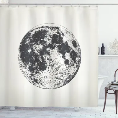 Image de ABAKUHAUS Rideau de douche Pleine lune, représentation très détaillée d'une pleine lune en monochrome, 175 x 180 cm, gris foncé blanc