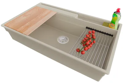Produktbild von PRIMAGRAN Spülbecken Beige 88x53cm, Granitspüle 1 Becken + Ablauf-Set + Küchenzubehörset, Küchenspüle ab 90er Unterschrank - Oslo Pocket
