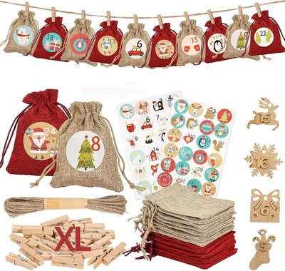 Immagine prodotto di Sacchetti di juta per calendario dell'Avvento - Set da 24 - Calendario dell'Avvento riutilizzabile per il 2026 - Sacchetti di juta per calendario di Natale di 20 x 30 cm