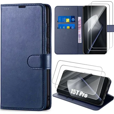 Image de Coque + 2 Verres Trempés pour Xiaomi 15T Pro, Anti-Rayures Antichoc Cuir Synthétique Bleu Marine