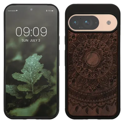 Produktbild von kwmobile Handyhülle für Google Pixel 9 / Pixel 9 Pro Hülle Holz - Case mit TPU Bumper - Stoßfestes Hardcase - Schutzhülle Cover in Dunkelbraun