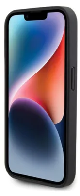 A black phone case with a phone inside is shown against a white background.