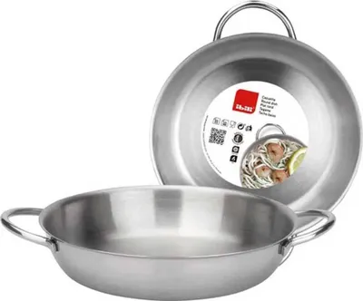 Two stainless steel pots are shown, one in the foreground and another slightly behind and to the right, with a label on it.