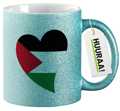 Produktbild von Huuraa Glitzertasse Palästina Flagge Herz 330ml Blau Keramik Kaffeebecher Geschenkidee