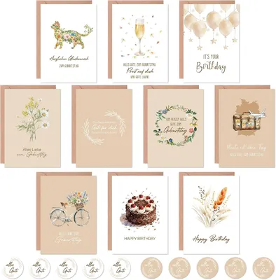 Produktbild von Geburtstagskarten Set, 10 Stück, mit Umschlägen und Stickern, für Freunde und Familie