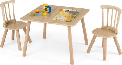 Immagine prodotto di Set tavolo e sedie per bambini COSTWAY, set di sedie per bambini con schienali ricurvi, tavolo per bambini in legno di pino, tavolo da disegno per bambini dai 3 anni in su, naturale
