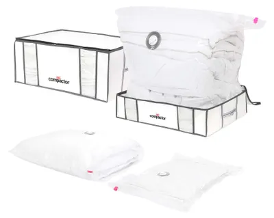 Zdjęcie produktu dla COMPACTOR – Zestaw 2 pokrowców do przechowywania próżniowego + 2 woreczki do przechowywania próżniowego w rozmiarach M i L – 65 x 45 x wys. 27 cm – biały