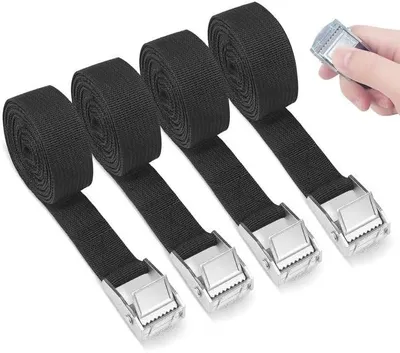 Immagine prodotto di Set di 4 cinghie di fissaggio con chiusura a molla, lunghezza 3 metri, larghezza 25 mm, realizzate in poliestere, resistenti alla corrosione, riutilizzabili, ideali per il trasporto, il campeggio e i traslochi