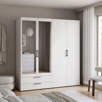 Produktbild von Kleiderschrank LORI mit Spiegel 181 cm, Regalen und Kleiderstange Weiß