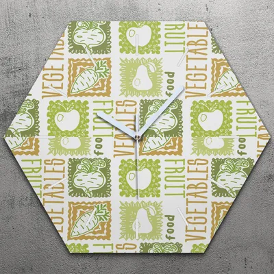 Produktbild von Uhr hexagonal 40 cm Glas Geräuschlos weiße Zeiger - Obst und Gemüse