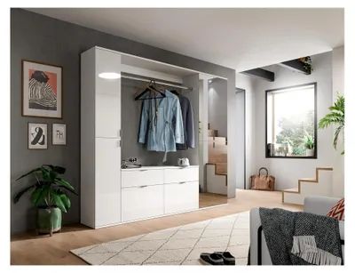 Produktbild von 3-teilige Kombination Projekt X 212x193x34 cm in Hochglanz Weiß/Spiegel Korpus Weiß Nb - Garderobe Ankleidezimmer Schranklösung Büro Ordnungssystem - vielseitig und modern
