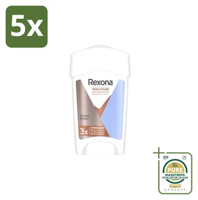 Imagen del producto de 5 unidades de antitranspirante en barra Rexona Women Maximum Protection, aroma Clean, 45 ml - Paquete ahorro