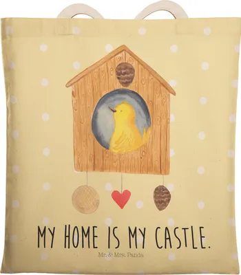 Produktbild von Mr. & Mrs. Panda Stoffbeutel Vogel Haus - Gelb Pastell - Geschenk, Wohnung, shopping bag, Zuhause, Beutel, Tasche, Familie, Tragetasche, Tote, Vogelhaus, Lustige Sprüche