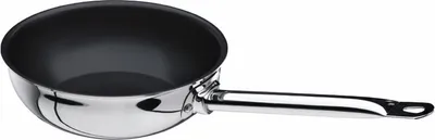 A sauteuse pan with a black interior and a silver exterior, shown from a side angle against a white background.