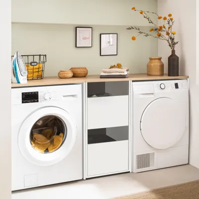 Produktbild von Waschmaschinenschrank mit Wäscheschrank Hauswirtschaftsraum für Waschmaschine und Trockner weiß mit Eiche STOBY-80