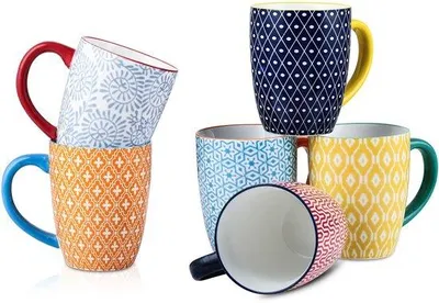 Obrázek produktu pro Sada 6 porcelánových hrníčků na kávu, 473 ml, velká sada s uchem, na kávu, mléko, čaj, vhodná do myčky a trouby, barevná