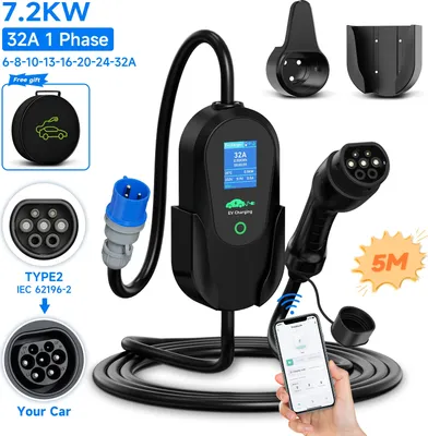 Obrázok produktu pre Prenosná nabíjačka pre elektrické vozidlá, výkon 7,2 kW, nastaviteľný prúd od 6 A do 32 A, 5 m Typ2, TYP2
