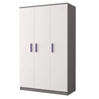 Produktbild von Kleiderschrank Drehtürenschrank Kinderkleiderschrank Schrank 120cm Grau/Weiß mit erikafarbigen Griffen - JONAS 19