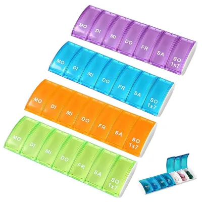 Image de Boîte à comprimés pour 7 jours, petite, contenant 4 boîtes, avec 7 compartiments, couvercle transparent, compacte