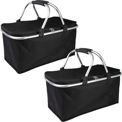 Two black foldable picnic baskets with silver handles are shown against a white background.