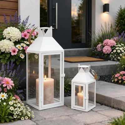 Produktbild von 2er Set Laternen Windlicht Gartenlaterne weiß Metall 25/40cm Seilgriff