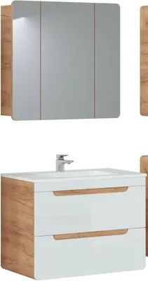 Produktbild von Badmöbel Set ARUBA-WEISS/EICHE-S 80 Badmöbel Set mit Waschbecken Badmöbelset Waschtisch Spiegelschrank