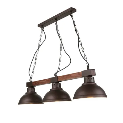 A three-light pendant lamp with a rustic design, featuring metal shades and a wooden beam.