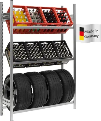 Produktbild von PROREGAL Getränkekisten- & Reifenregal CHIEMSEE TIRE  Germany | HxBxT 200x136x43,5cm | 6 Kisten auf 2 Ebenen + 4 Reifen | Verzinkt