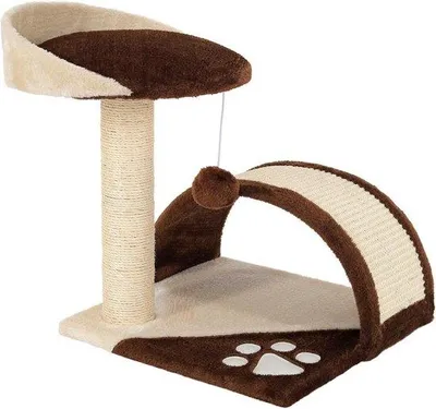 Obrázek produktu pro Malé škrabadlo s plyšovým míčkem a škrabacím obloukem o výšce 43 cm - Pohodlné místo k odpočinku pro malé a velké kočky - Hnědá/béžová barva