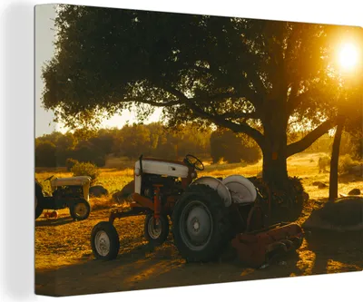 Produktbild von OneMillionCanvasses® - Leinwandbilder - 150x100 cm, Traktor - Sonne - Baum - Landschaft, Wandbilder Kunstdruck Wanddekoration - Foto auf Leinwand - Gemälde auf Holzrahmen