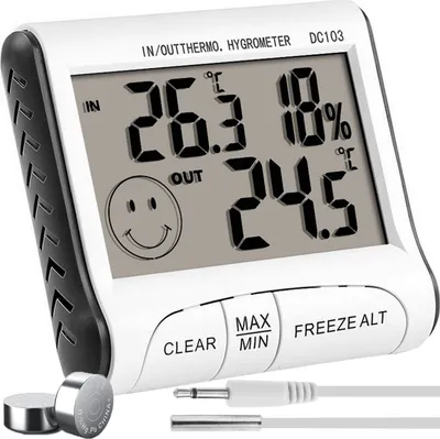A digital thermometer and hygrometer with an external probe and batteries.