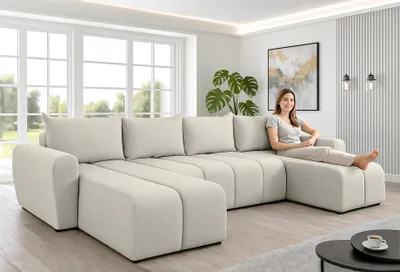 Image de AX LIVING Canapé d'angle grand Ferrande 317 cm - Canapé beige avec fonction sommeil & structure