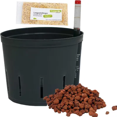 Produktbild von Set 4 teilig für Hydrokultur Kulturtopf 15/12 Ø 15 cm H 12 cm Wasserstandsanzeiger Blähton Dünger HD50