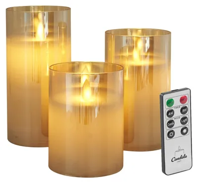 Produktbild von Candela Lights LED Kerzenglas 3er Set Gold Echtwachs inkl. Glas mit Fernbedienung Timer Funktion & mehrstufig dimmbar bewegliche Flamme Echtwachskerzen