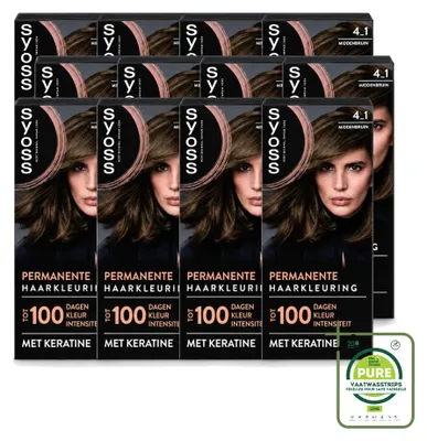 Imagen del producto de 12 unidades de tinte permanente para el cabello SYOSS, tono 4-1 Castaño Medio con Queratina - Paquete grande - 12 unidades