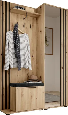 Produktbild von MOEBLO Kompaktgarderobe JOHN – Dielenschrank Wandschrank Regal für Diele & Flur Kleiderschrank Schuhschrank mit Spiegel Flurgarderobe Schrank (BxHxT): 131x192x40 cm - JOHN (Artisan + Schwarz mit Kissen)