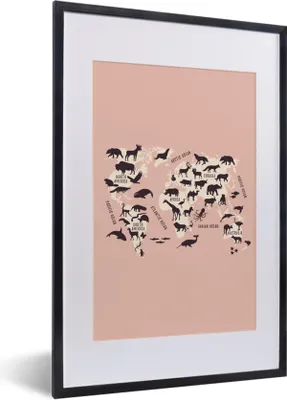 Produktbild von MuchoWow® Gerahmtes Poster Weltkarte - Tiere - Scherenschnitt 40x60 cm - Poster mit Schwarzem Bilderrahmen Wandposter Rahmen Foto Bilder - Poster in Rahmen