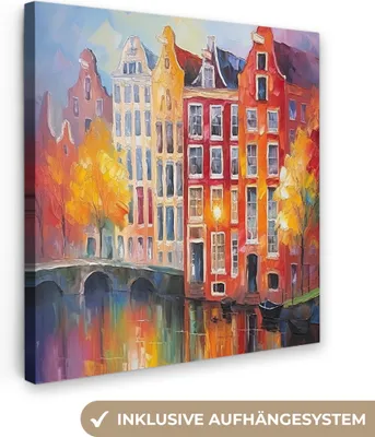 Produktbild von MuchoWow® - Leinwandbilder - Grachtenhäuser - Kunst - Malerei - Amsterdam, Wandbild, Wanddeko Bilder Wohnzimmer, 50x50 cm